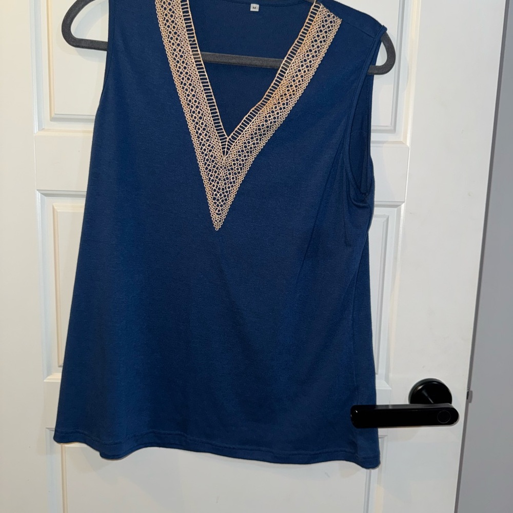 Navy Blue Sleeveless Top with Lace Detail